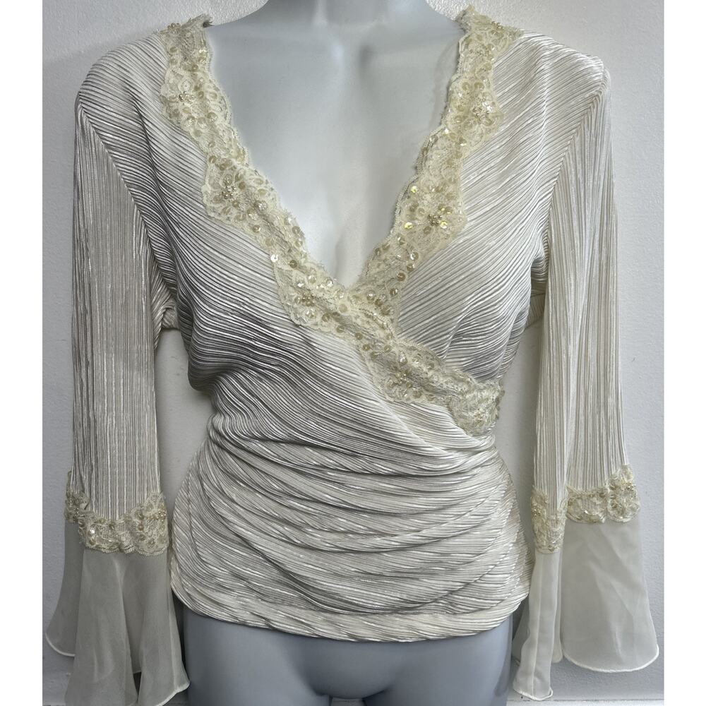 Vtg Deco Glam Top 6 M Embellished Flare Sleeve Babydoll Fairy Ivory Fitted